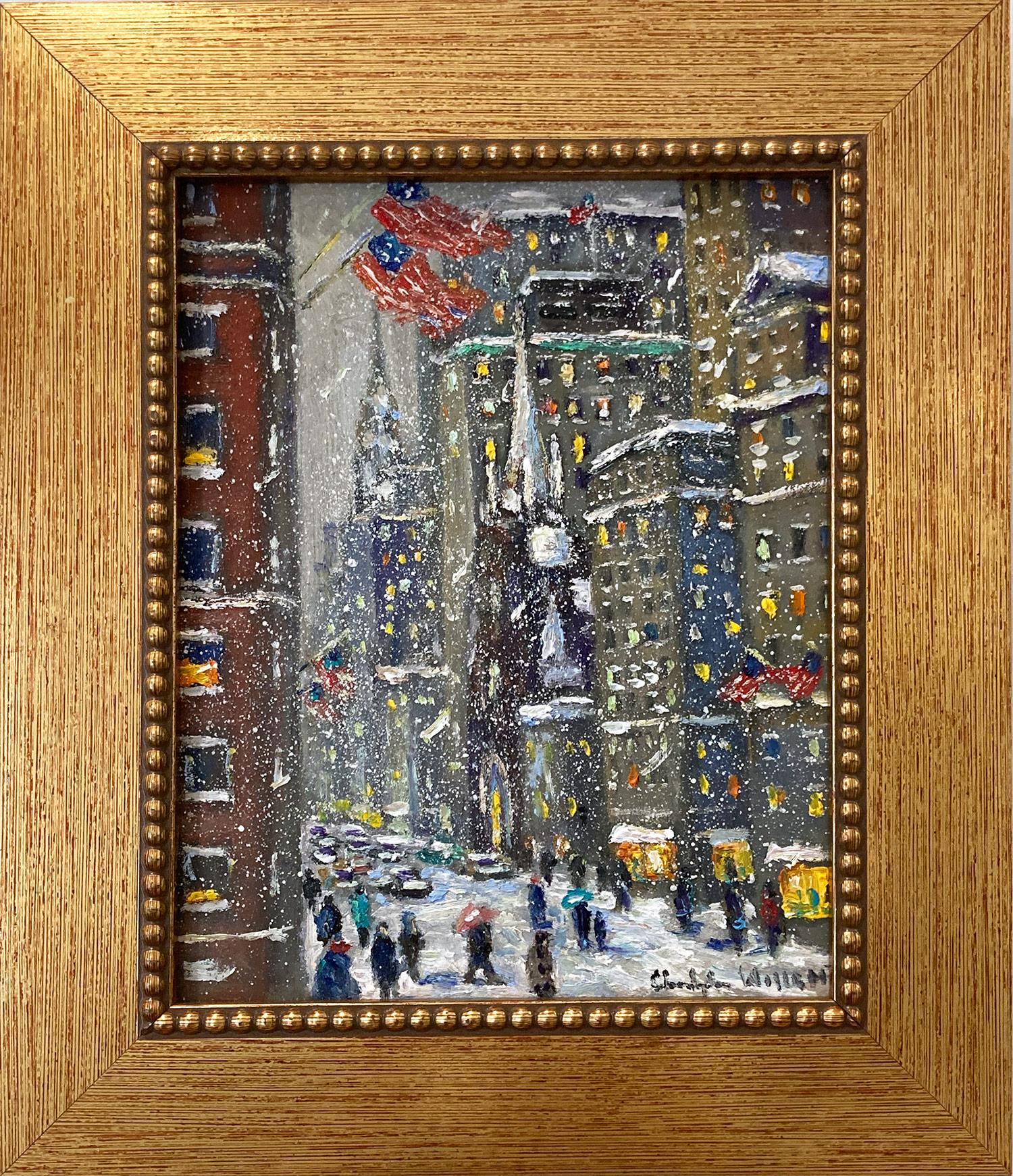 Christopher Willett Landscape Painting - "Broadway New York City"  Impressionist Winter Scene Trinity Church Oil Painting