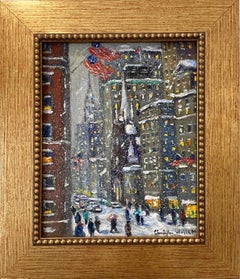 "Broadway New York City"  Impressionist Winter Scene Trinity Church Oil Painting