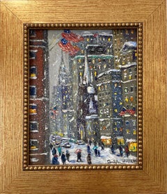 "Broadway New York City" Impressionist Winter Scene Trinity Church Oil Painting