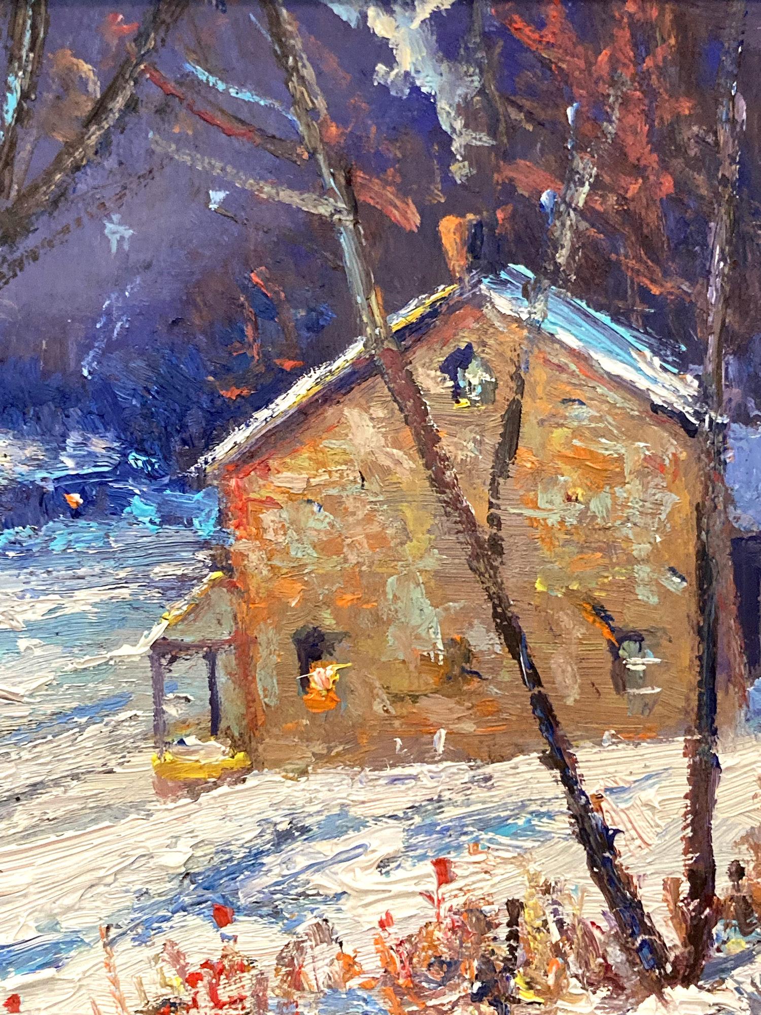 Impressionist winter pastoral scene of a quaint snow covered home by Buckingham, PA. Willett has portrayed this charming scene in a most intimate, yet energetic way, and has packed much feeling into this miniature work. It is almost as if we are