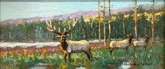 "Bull Elk Grazing" American Impressionist Wildlife Scene Oil Painting Framed