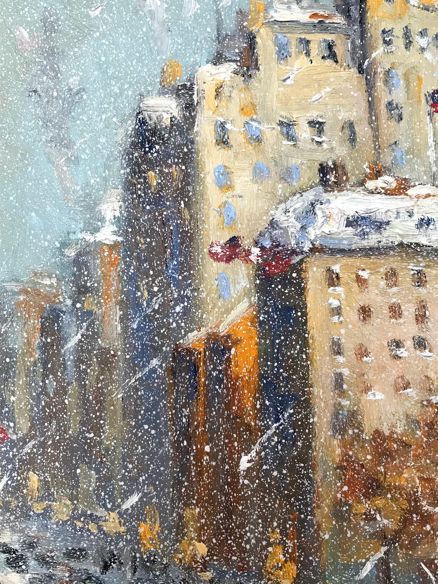 Impressionist New York City winter cityscene depicting the Library with American flags, cars and pedestrians off 5th Avenue in a most intimate, yet energetic way. Christopher is known for capturing the beauty and simplicity of an earlier time of the