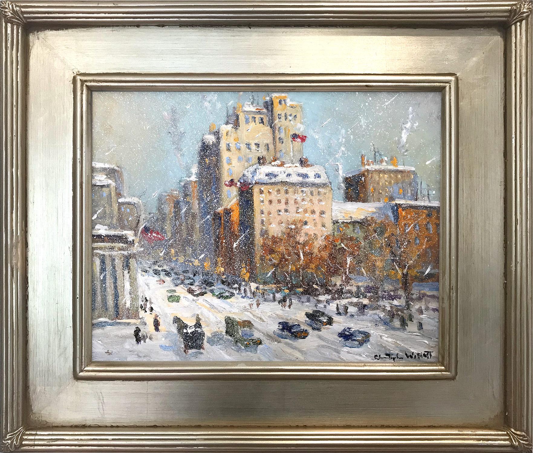 Christopher Willett Figurative Painting - "Bustling Winter in New York City" Impressionist Landscape Scene Oil Painting 