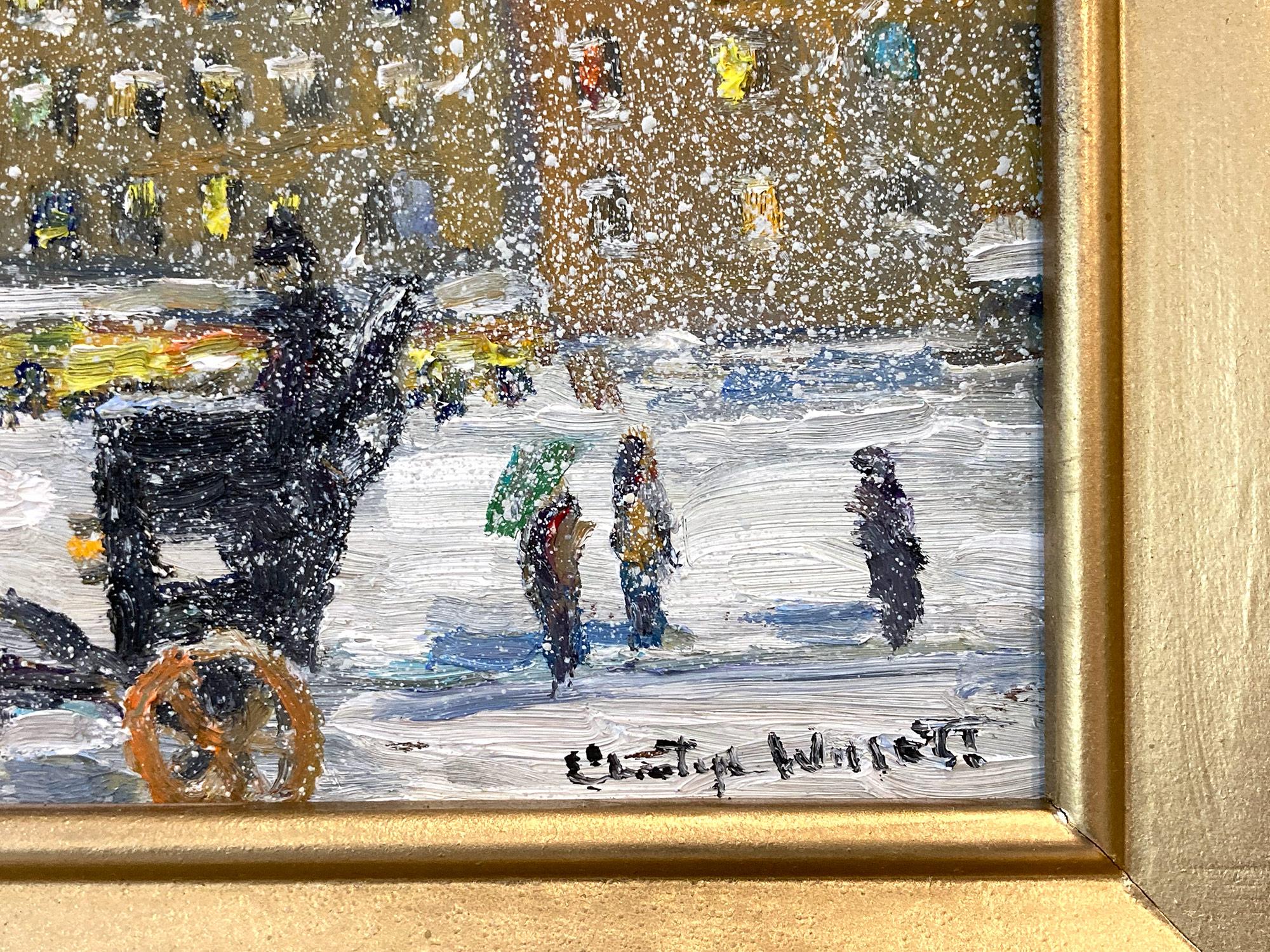 Impressionist New York City winter landscape scene depicting the City in Snow in a most intimate, yet energetic way. Christopher is known for capturing the beauty and simplicity of an earlier time of the 20th Century; old New York, families working