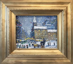 "By Central Park New York City" Impressionist Bustling City Snow Oil Painting