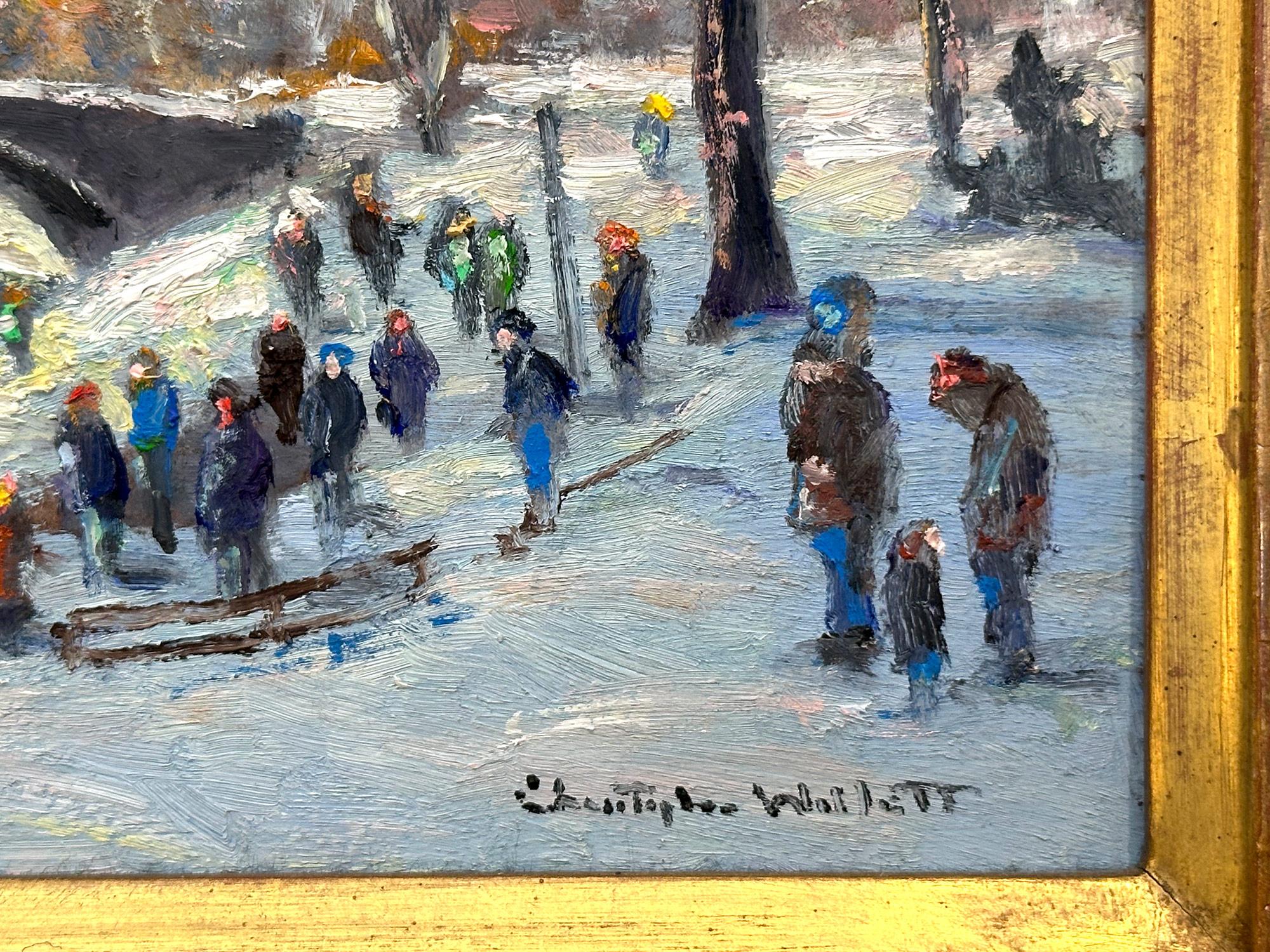 Escena invernal impresionista de la ciudad de Nueva York que representa figuras en la nieve en Central Park. Muchas personas están pintadas de la forma más íntima, pero enérgica, divirtiéndose en este día de nieve con caprichosa belleza por todas