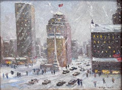 "Columbus Circle New York City" Impressionist Snow Scene Oil Painting on Board