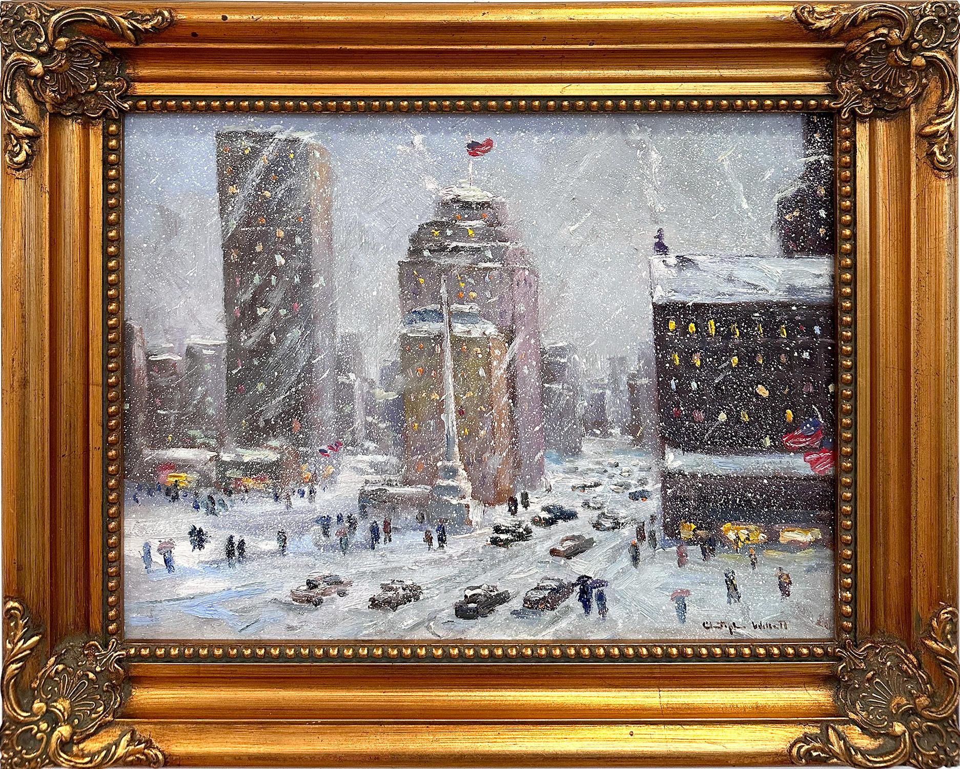 Landscape Painting di Christopher Willett - "Columbus Circle New York City" Pittura a olio su tavola impressionista con scena di neve