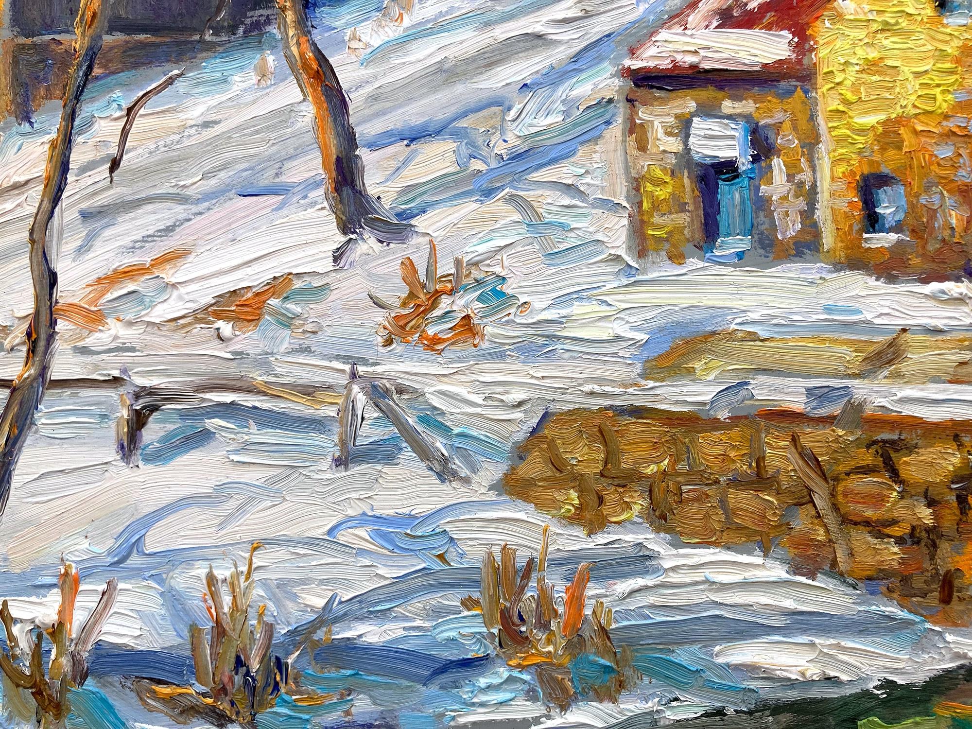Una meravigliosa scena pastorale impressionista coperta di neve della colorata e pittoresca Carversville Pa Bucks County di prima mattina. Willet ha rappresentato questo pezzo in modo intimo ma energico e ha racchiuso molto sentimento in quest'opera