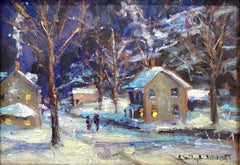 "Evening Walk River Road" North of New Hope PA Twilight Snow Scene Oil Painting