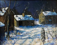"Farbotnik Farm Solebury, PA" Twilight Snow Scene Landscape Oil Painting Framed