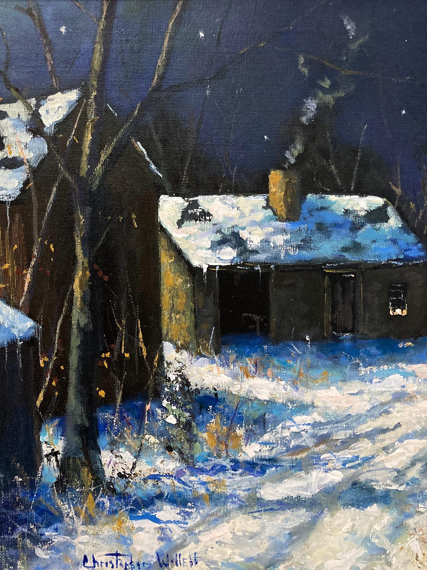 Impressionist winter pastoral scene of quaint snow covered homes at the Farbotnik Farm in Solebury, PA. Willett has portrayed this charming scene in a most intimate, yet energetic way, and has packed much feeling into this work. It is almost as if