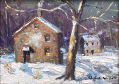 "Febrero" Impresionista Pastoral Nocturna Escena de Nieve Pintura al óleo sobre tabla Enmarcada