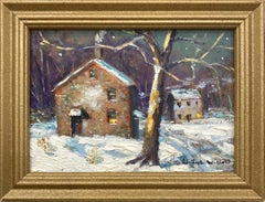 "February" Impressionist Pastoral Nocturnal Snow Scene Oil Board Painting Framed