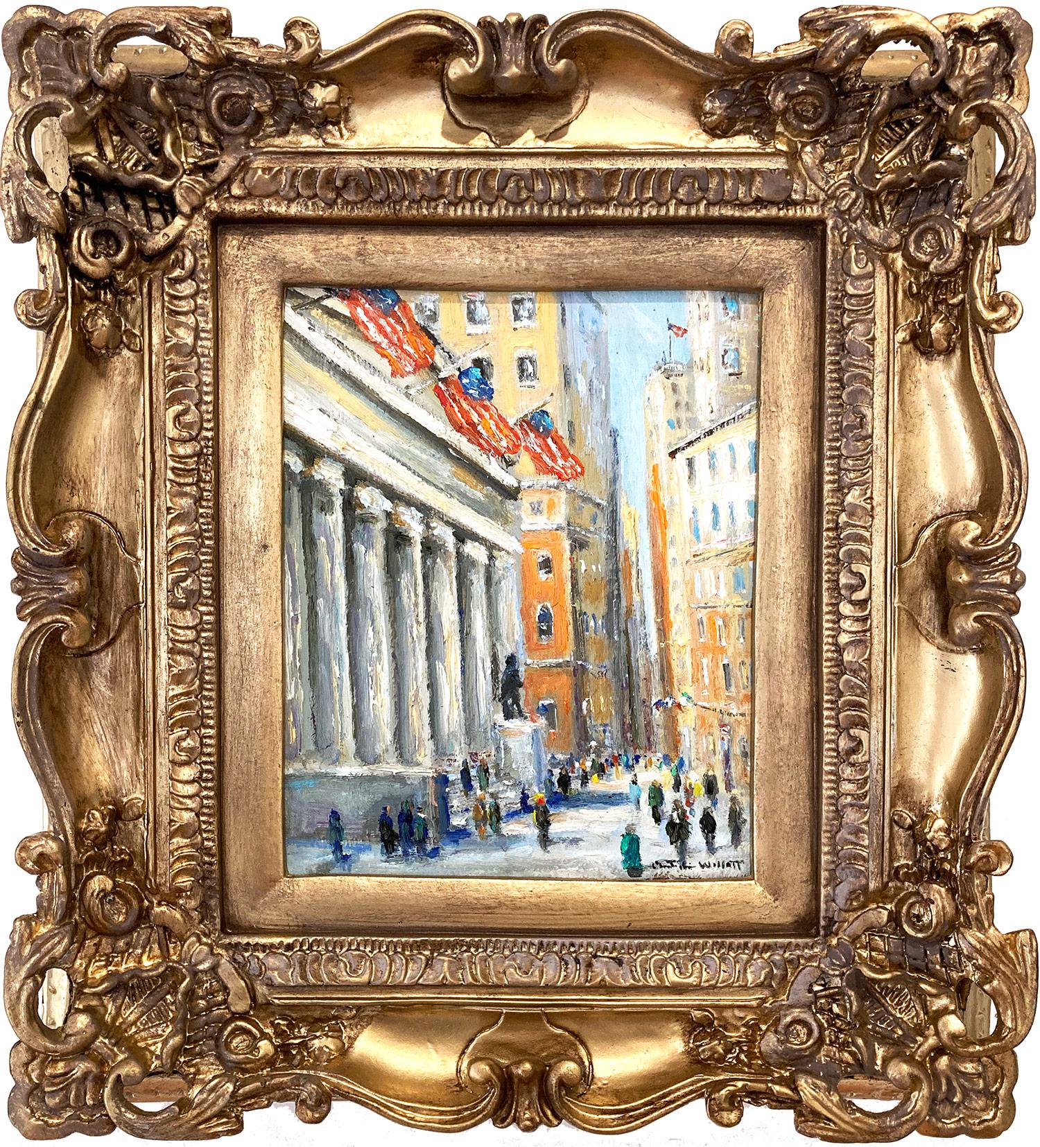 Figurative Painting Christopher Willett - "Bâtiment fédéral - Wall Street, NYC" Peinture à l'huile impressionniste - Scène d'hiver