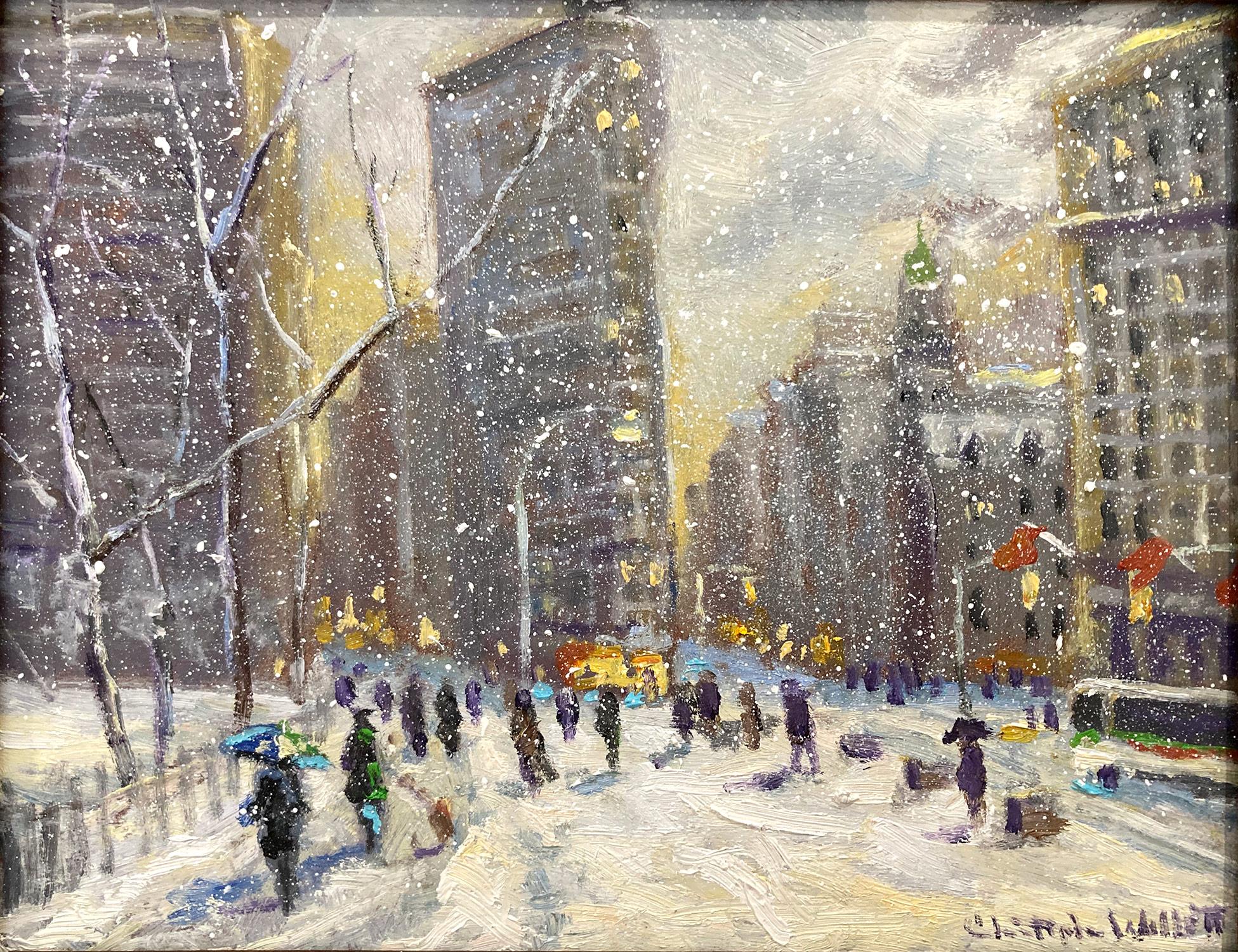 Impressionistische Schneeszene, Ölgemälde, „Flatiron at Sunset New York City“  – Painting von Christopher Willett