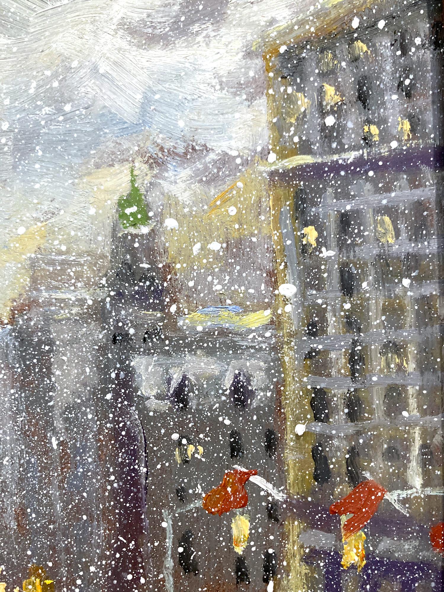 Impressionist New York City winter city-scene depicting Flatiron at Sunset in New York City. Cars and pedestrians are painted in a most intimate, yet energetic way. Christopher is known for capturing the beauty and simplicity of an earlier time of