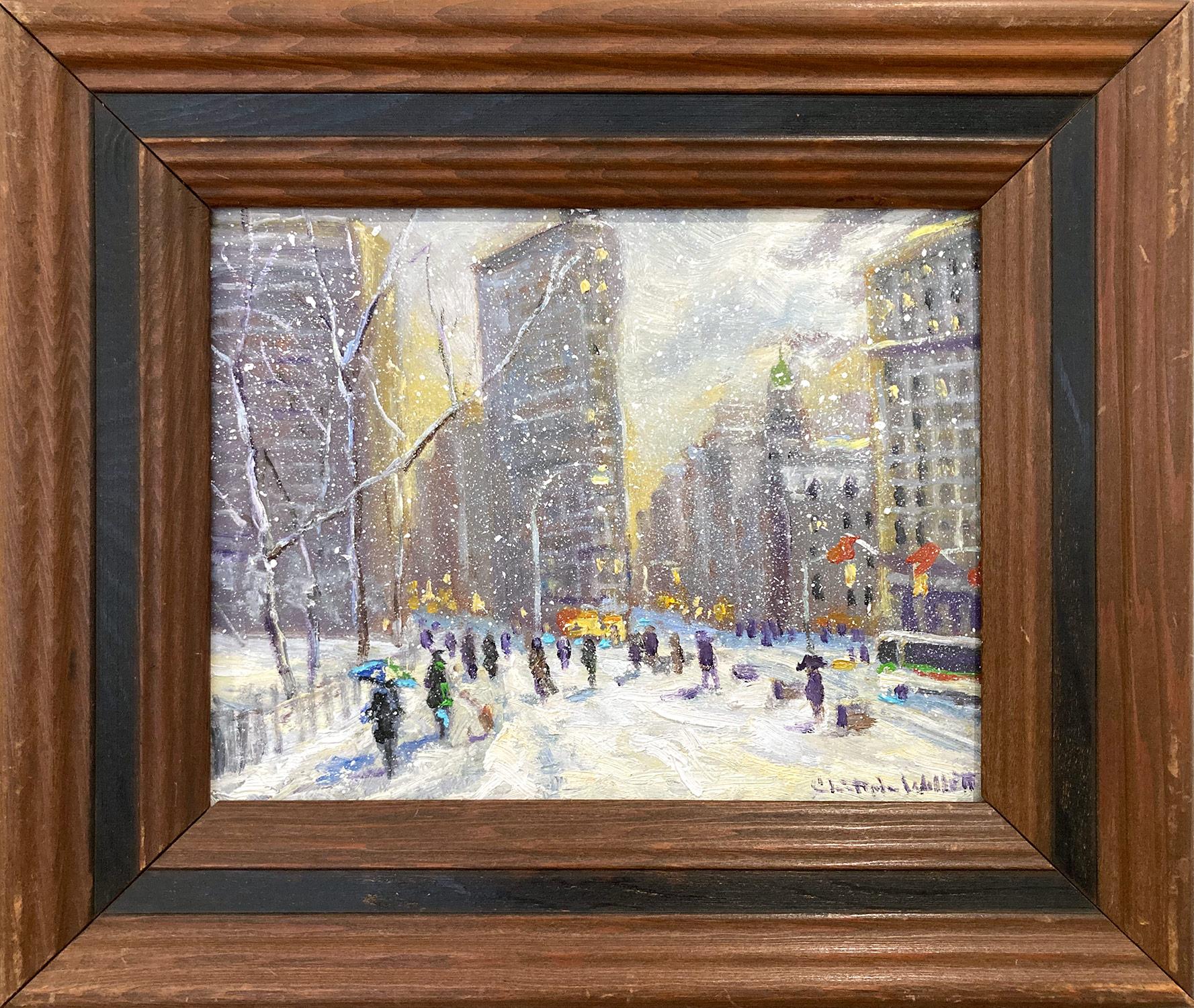 Christopher Willett Figurative Painting - "Flatiron at Sunset New York City" Impressionist Snow Scene Oil Painting 