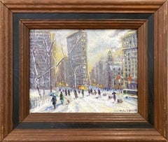 Vintage "Flatiron at Sunset New York City" Impressionist Snow Scene Oil Painting 