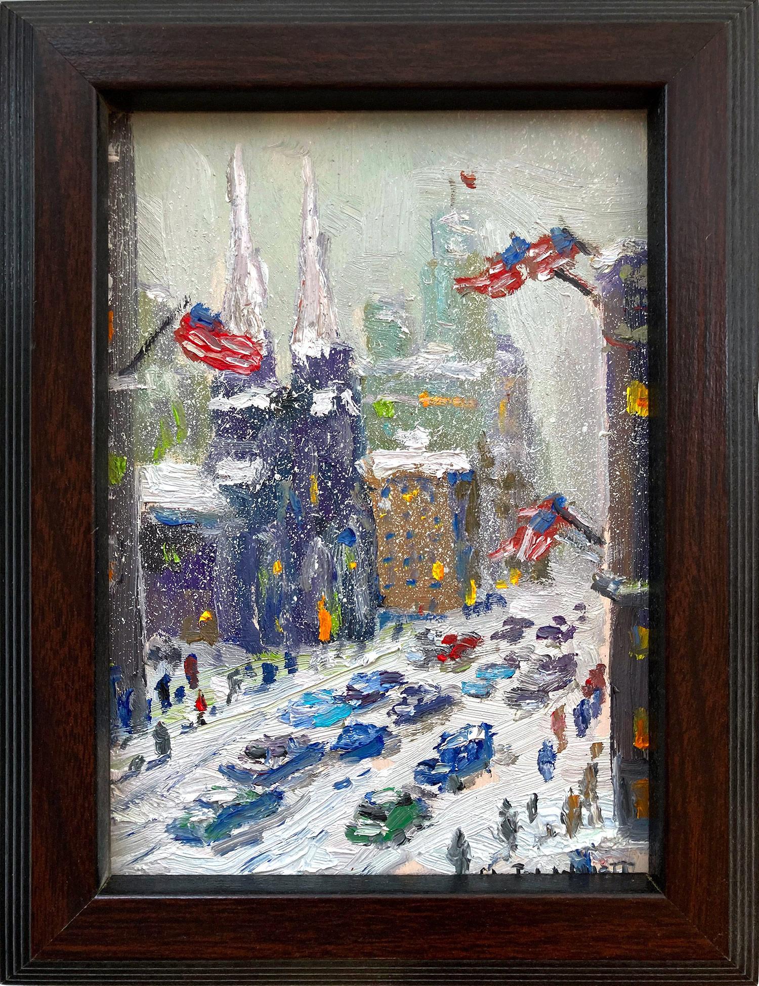 Christopher Willett Landscape Painting - "Friday Feb 19th, NY City" Impressionist Bustling City Snow Scene Oil Painting