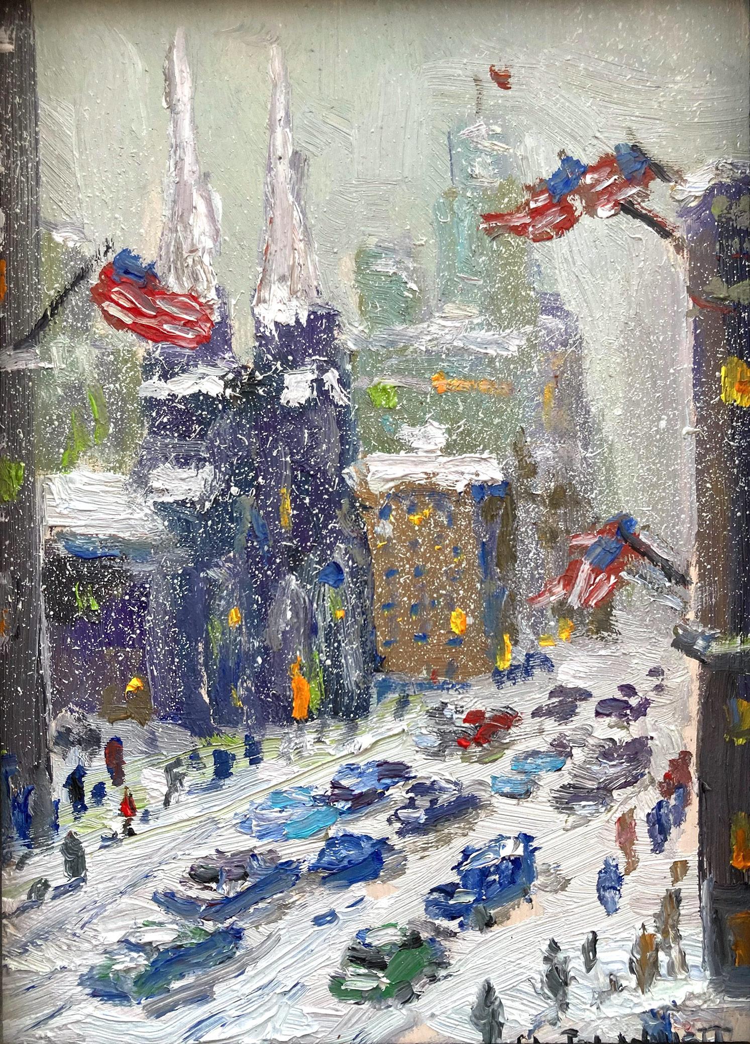 Impressionistische Bustling City Schneeszene, Ölgemälde, Februar 19. Februar, New York City – Painting von Christopher Willett