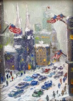 "Viernes 19 de febrero, NY City" Pintura al óleo impresionista de una bulliciosa escena de nieve en la ciudad
