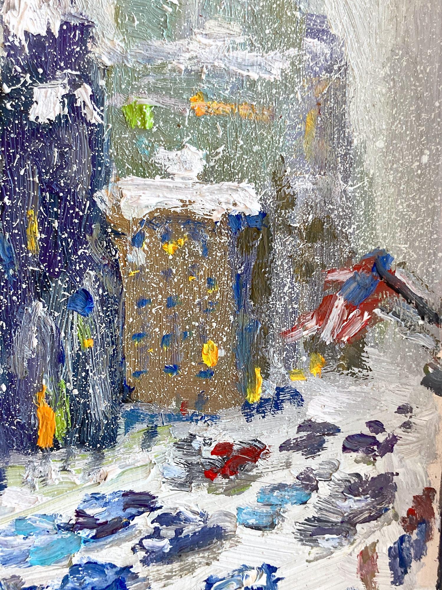 Impressionistische Bustling City Schneeszene, Ölgemälde, Februar 19. Februar, New York City (Schwarz), Landscape Painting, von Christopher Willett
