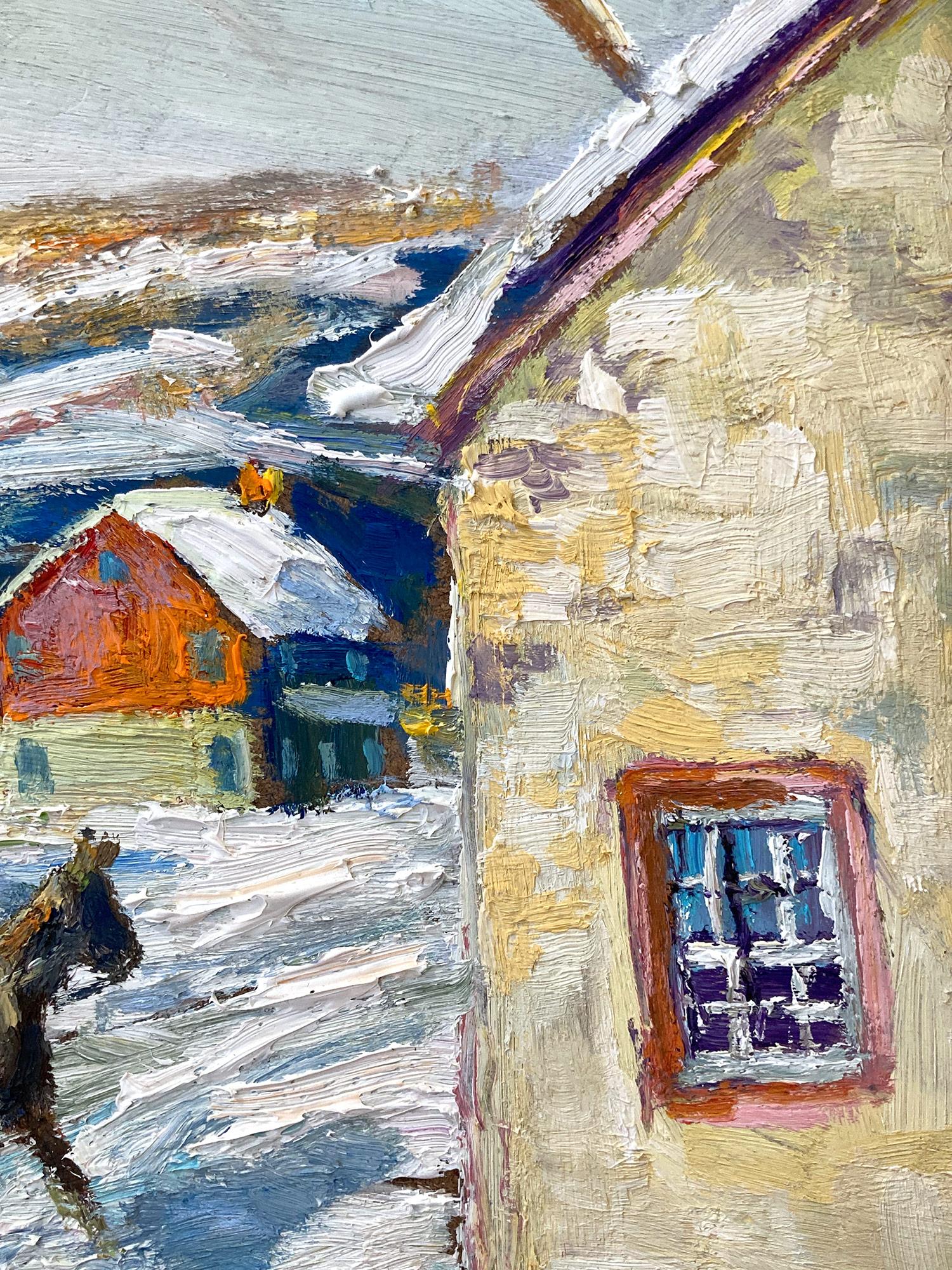 Impressionist winter pastoral scene of a quaint snow covered town with Figure on Sleigh and Horse by Bucks County, PA. Willett has portrayed this charming piece in a most intimate, yet energetic way, and has packed much feeling into this miniature
