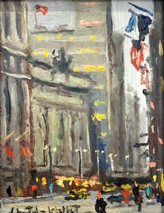 "Grand Central New York" Impressionist Street Scene Oil Painting on Board Framed