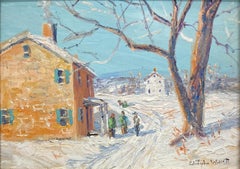 "Hilltown-Neighbors Chat" Pittura ad olio impressionista con scena pastorale innevata, incorniciata
