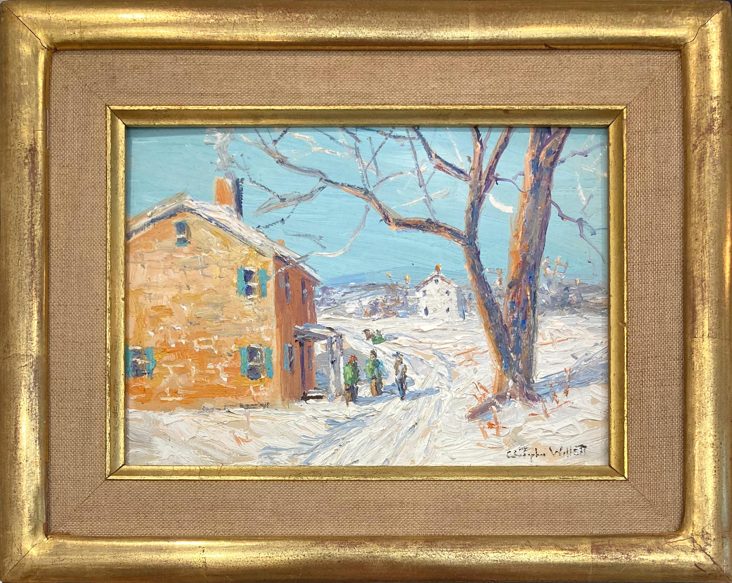 Christopher Willett Landscape Painting - "Hilltown-Neighbors Chat" Impressionist Pastoral Snow Scene Oil Painting Framed