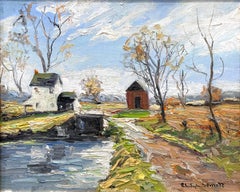 „Haus am Flussufer“ Pastoral Summer Countryside Landschaft Ölgemälde gerahmt