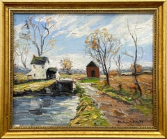 Vintage "House by the Stream" Pastoral Summer Landscape Oil Painting Framed
