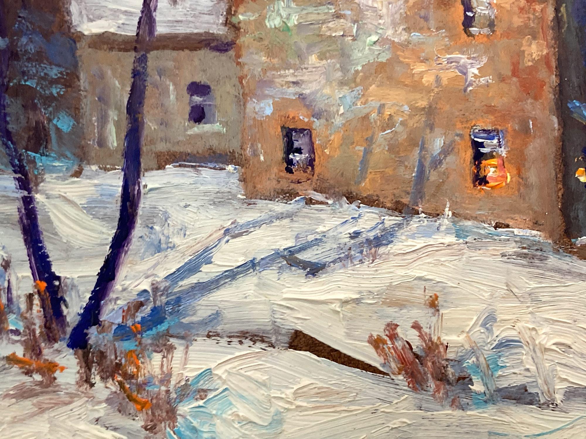 Impressionist winter pastoral scene of a quaint snow covered home by Bowman Tower, PA. Willett has portrayed this charming scene in a most intimate, yet energetic way, and has packed much feeling into this miniature work. It is almost as if we are