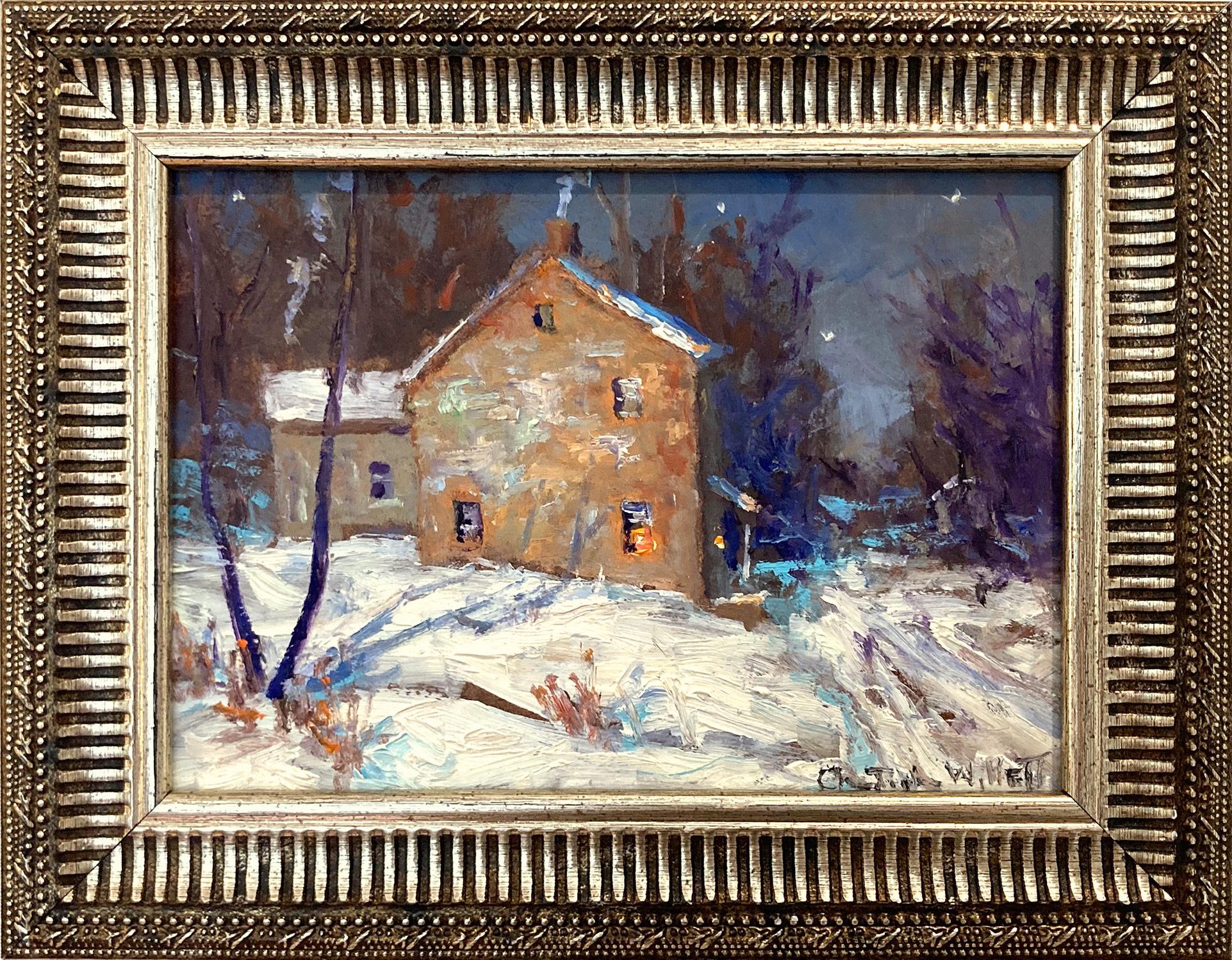 Christopher Willett Landscape Painting - "House on River Rd by Bowman's Tower'" Bucks County PA Night Snow Scene Painting