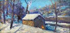 "House on River Road Bucks County" Impressionistic Miniature Evening Snow Scene