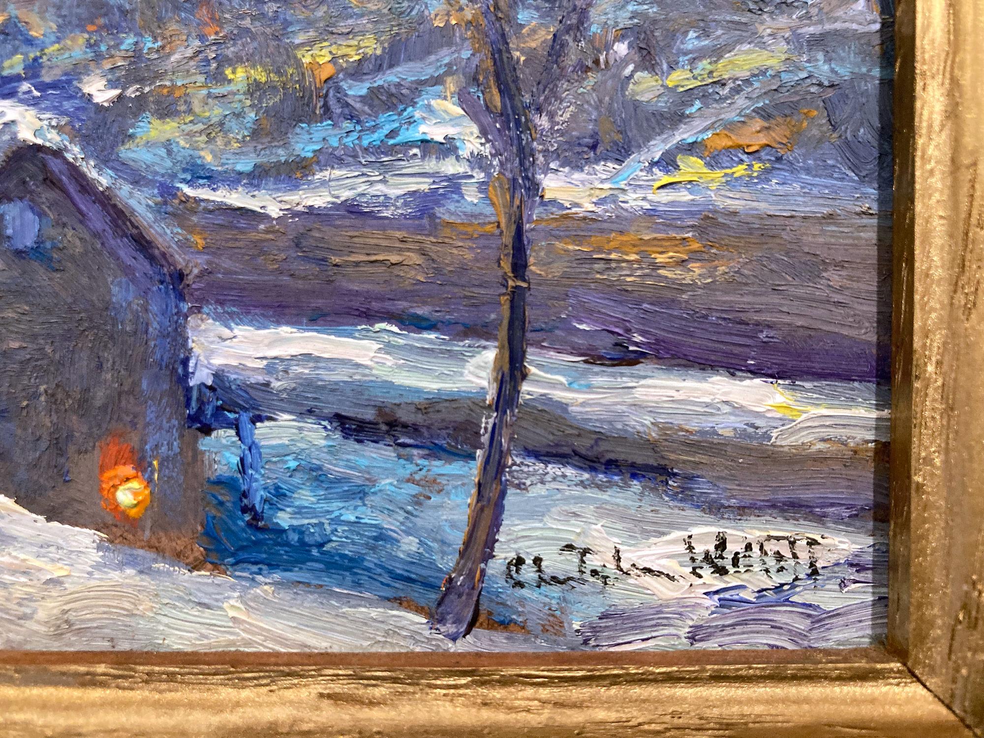 A beautiful Impressionist Evening pastoral scene of a quaint snow covered home in Bucks County PA. Willet has portrayed this piece in a most intimate, yet energetic way, and has packed much feeling into this miniature work. We can feel the fire on