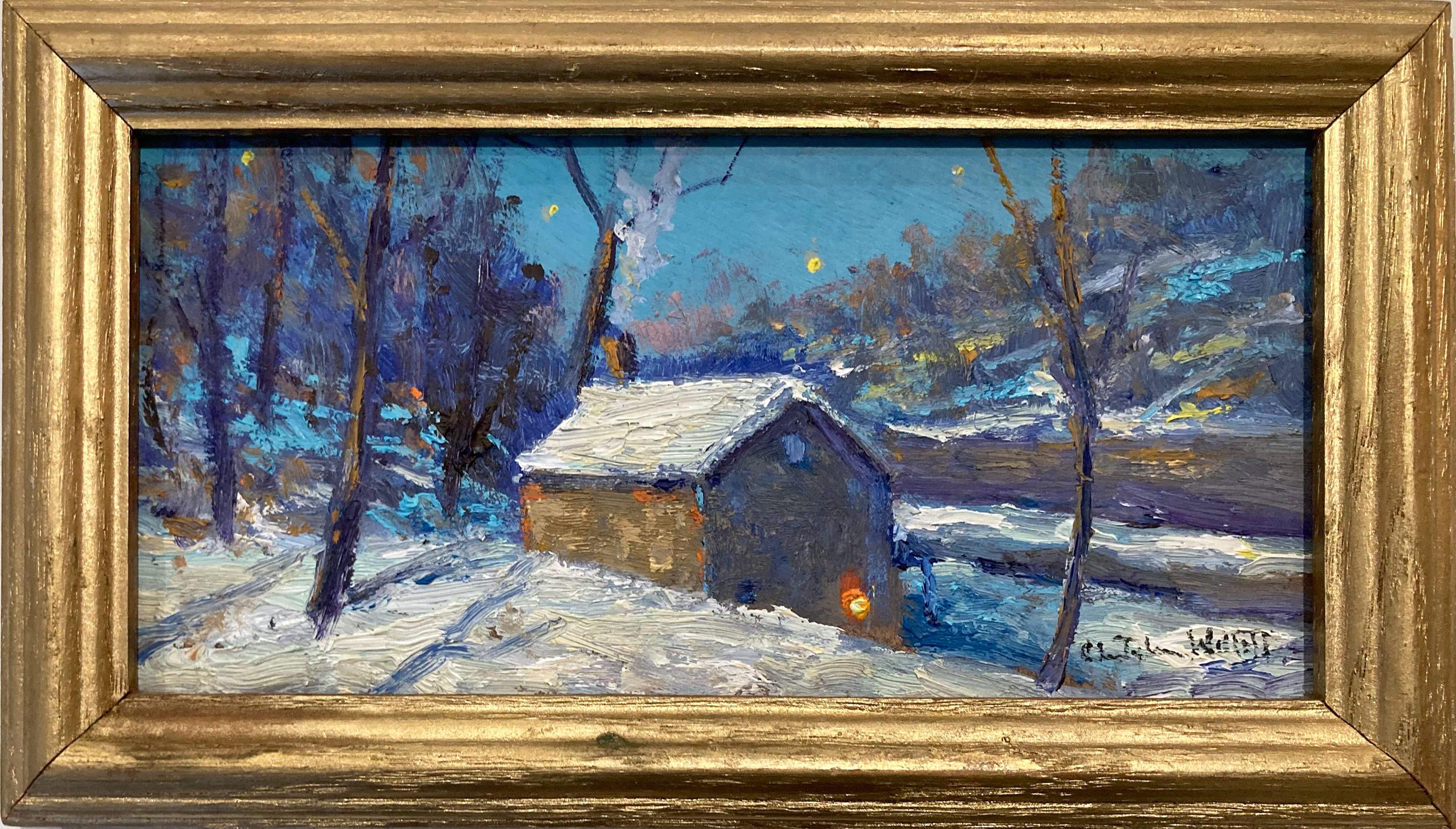 "House on River Road Bucks County" Impressionistic Miniature Evening Snow Scene 