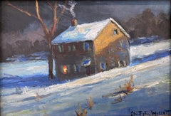 "In For the Night" PA Bucks County Twilight Snow Scene Landscape Oil Painting