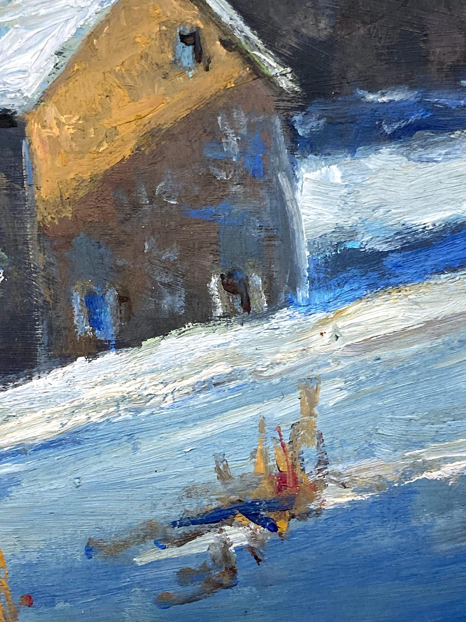 Impressionist winter pastoral scene of a quaint snow covered home by Upper Bucks County, PA. Willett has portrayed this charming piece in a most intimate, yet energetic way, and has packed much feeling into this miniature work. It is almost as if we
