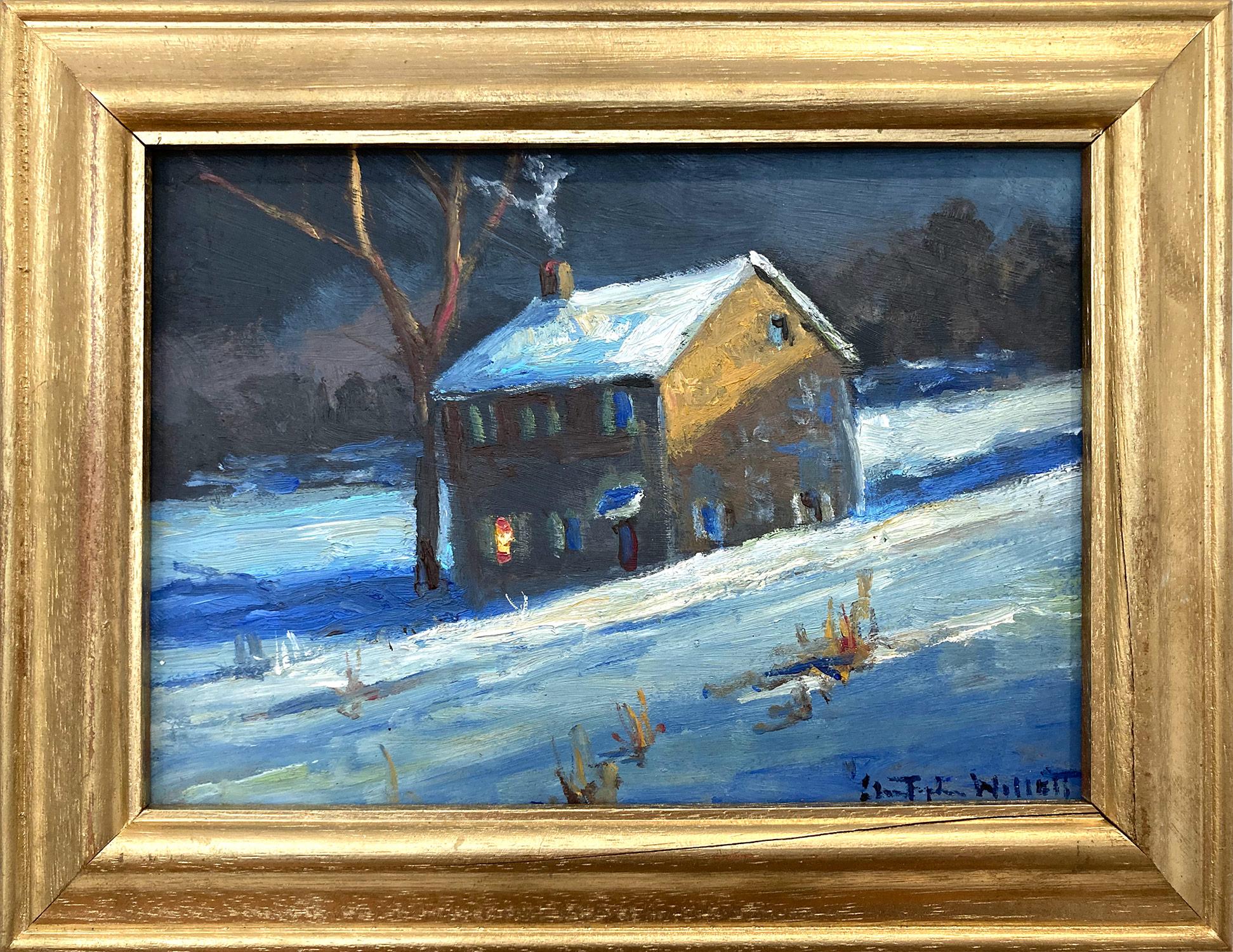 Christopher Willett Figurative Painting - "In For the Night" PA Bucks County Twilight Snow Scene Landscape Oil Painting 