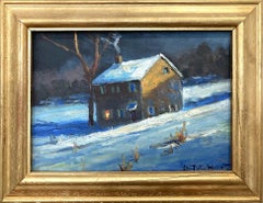 "In For the Night" PA Bucks County Twilight Snow Scene Landscape Oil Painting 