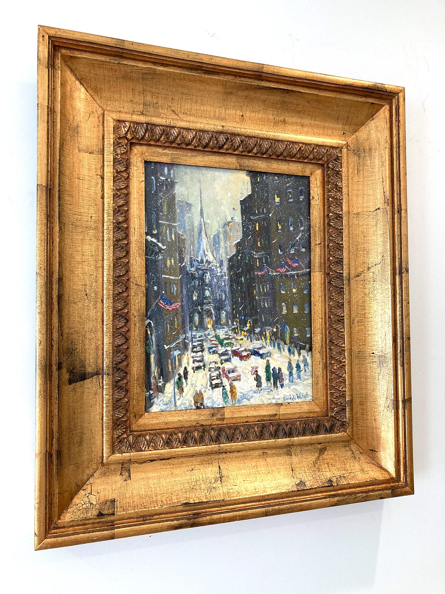 Peinture à l'huile impressionniste « In the Shadow of Trinity Church » - Scène de neige dans l'église de Trinity à New York 8