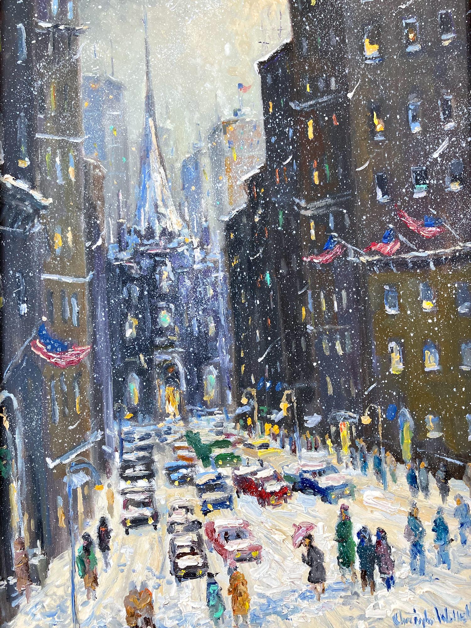 Peinture à l'huile impressionniste « In the Shadow of Trinity Church » - Scène de neige dans l'église de Trinity à New York - Painting de Christopher Willett