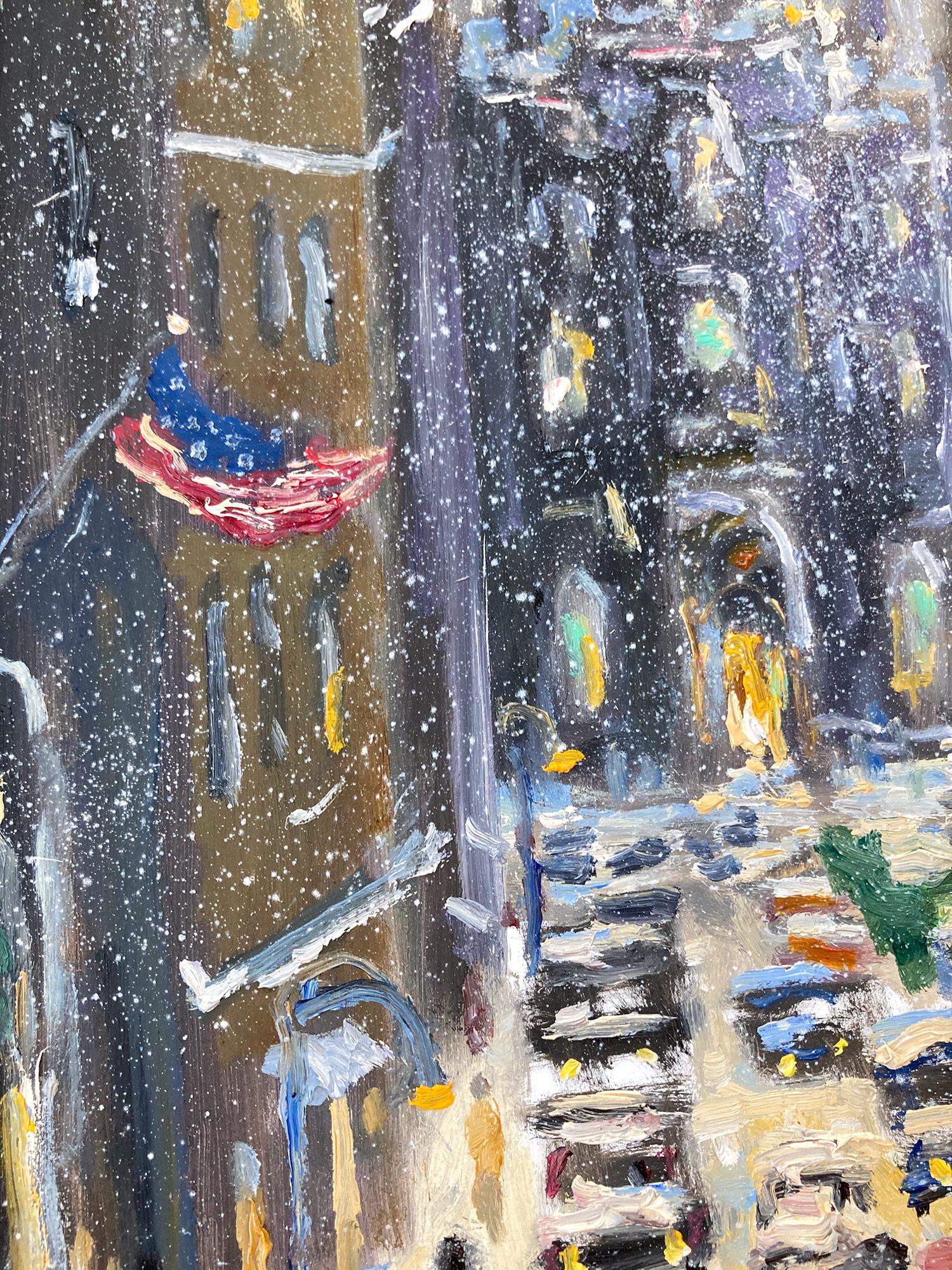 Impressionist New York City winter city-scene depicting Trinity Church with American flags, cars and pedestrians in a most intimate, yet energetic way. Christopher is known for capturing the beauty and simplicity of an earlier time of the 20th