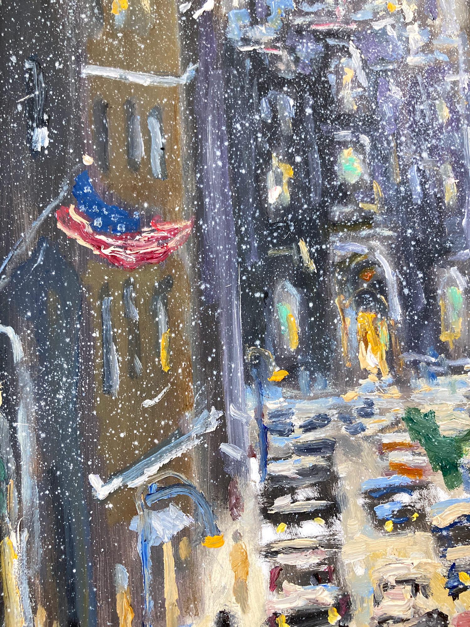 Peinture à l'huile impressionniste « In the Shadow of Trinity Church » - Scène de neige dans l'église de Trinity à New York 1