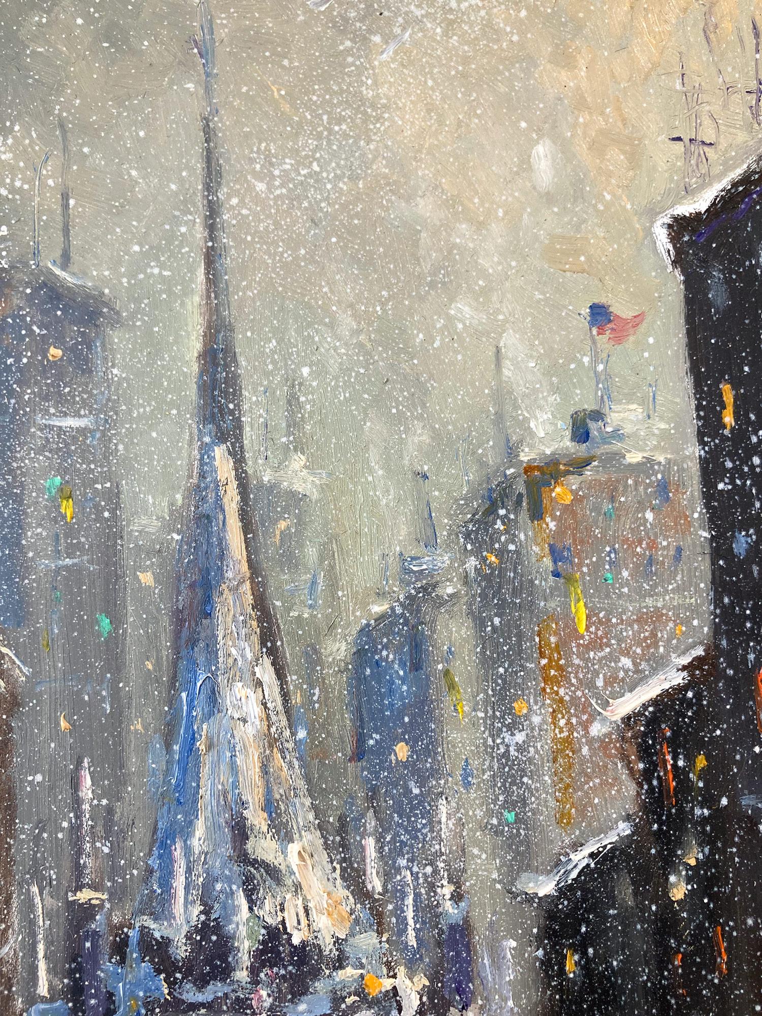 Peinture à l'huile impressionniste « In the Shadow of Trinity Church » - Scène de neige dans l'église de Trinity à New York 3
