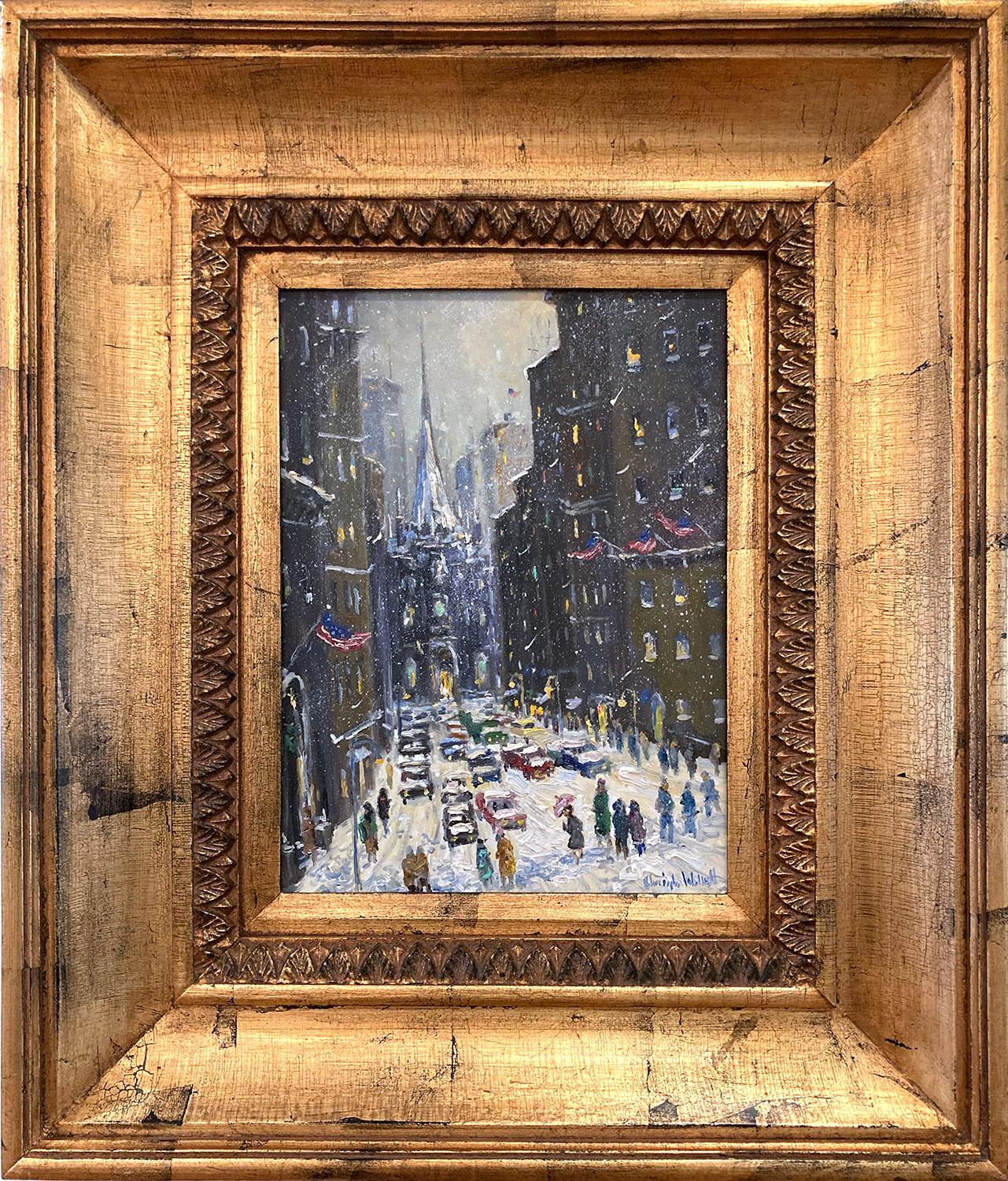 Christopher Willett Figurative Painting - "In the Shadow of Trinity Church" Impressionist Snow Scene in NYC Oil Painting