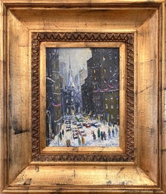 "In the Shadow of Trinity Church" Impressionist Snow Scene in NYC Oil Painting