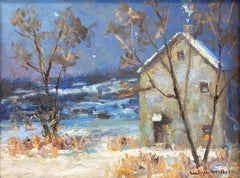 "January" Impressionist Pastoral Nocturnal Snow Scene Oil Board Painting Framed